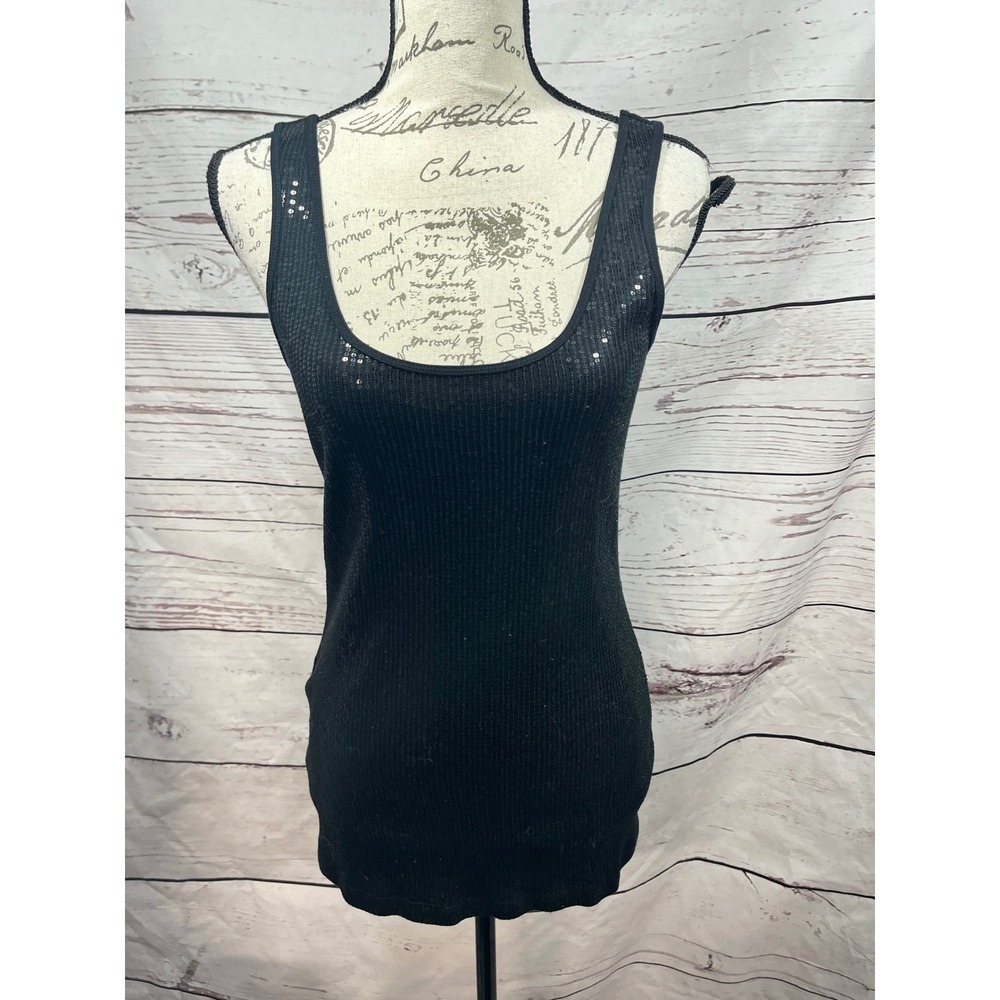 Express Sexy Basic Black Sequin Ribbed‎ Tank Top Pima Cotton Modal Womens Large